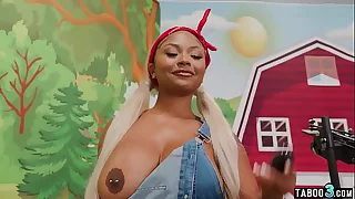 Big boobed ebony farmgirl Eva Maxim milking plus fucking duo transistor dicks